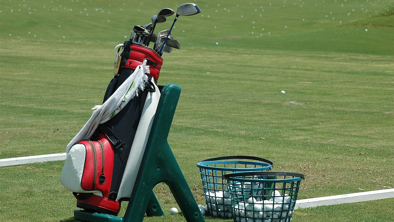 A set of golf clubs in a bag